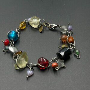 ABRA Bracelet Silver Tone Multicolored Glass Beads Wire Wrapped Boho Artsy 7.5"